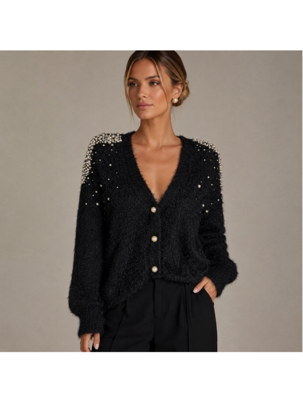 Rare PatBO Pearl Embellished Eyelash Knit Cardigan Sweater Black NWOT M